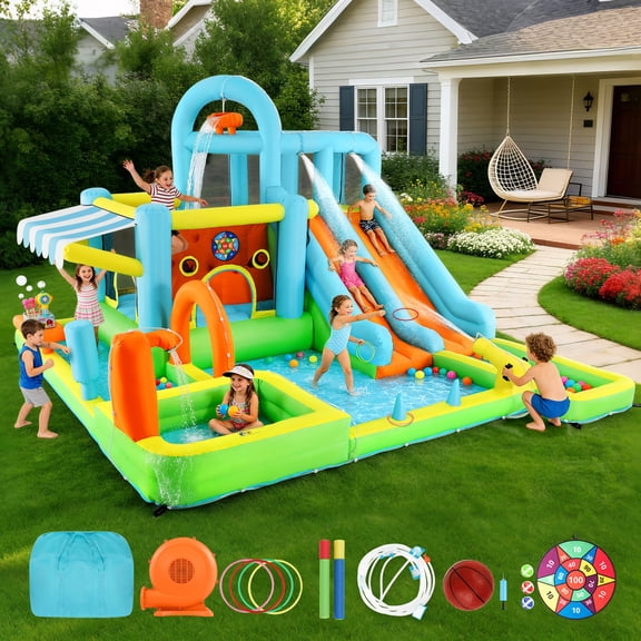 COSVALVE All-In-One Inflatable Double Water Slides Bounce House Giant Jumping Castle Outdoor Splash Pool w/650W Blower,Climbing Wall,Basketball Hoop,Water Guns