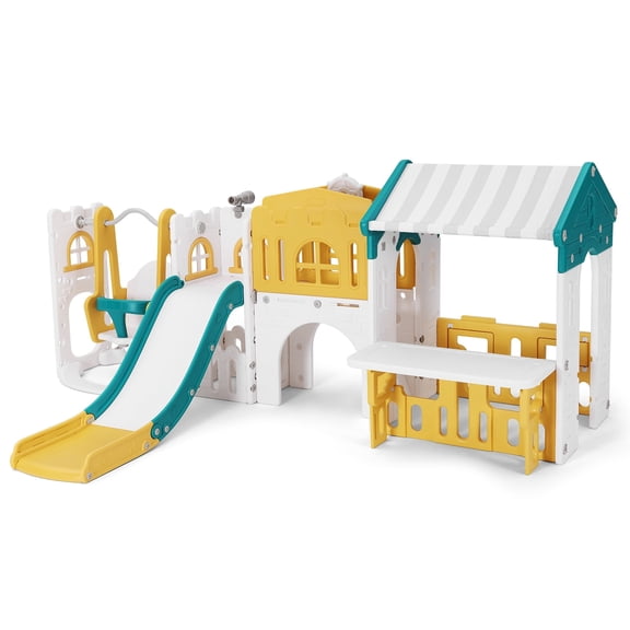 COSVALVE All-in-One Toddler Slide and Swing Set with Playhouse Kids Indoor Outdoor Playground with Basketball Hoop,Telescope,Storage Space(Green Yellow)