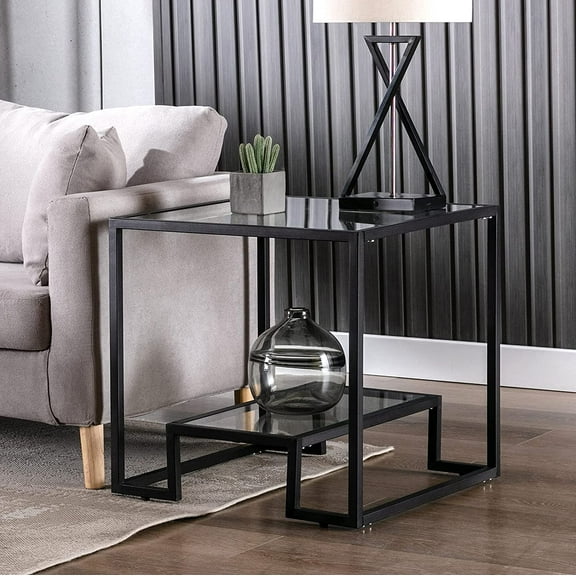 COSVALVE Black Square Side End Table Nightstand with Glass Top, Shelf
