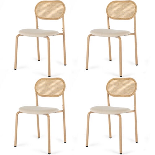 COSVALVE Boho Set of 4 Dining Chairs Upholstered Kitchen Living Room with Rattan Back,Metal Legs