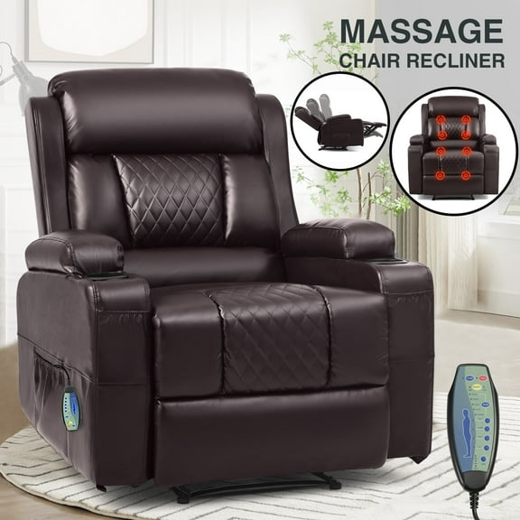 COSVALVE Electric Massage Heating Manual Recliner Chair Armchair Ergonomic Single Sofa with Remote Control, 2 Cup Holders (Brown)