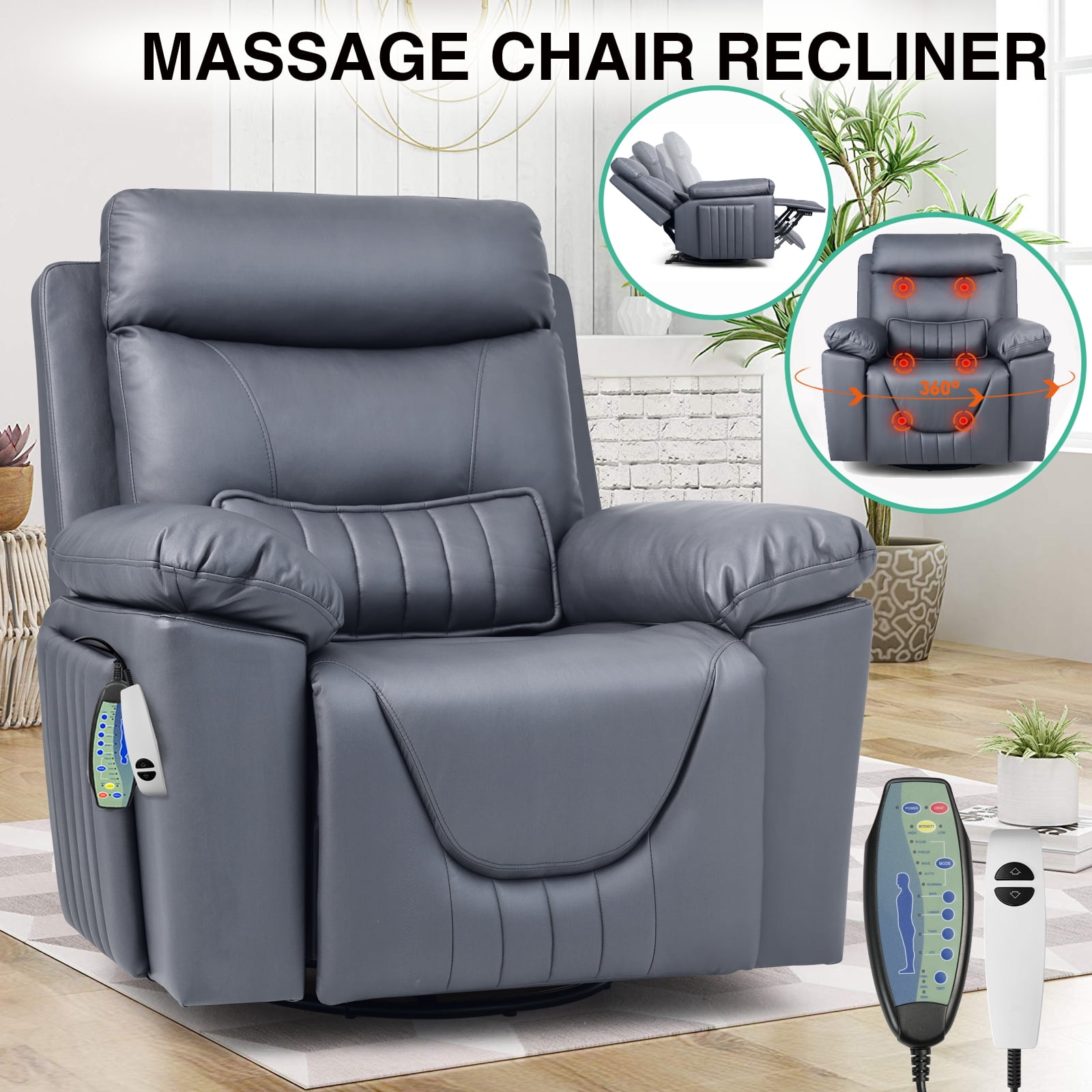 COSVALVE Electric Massage Heating Recliner Chair 360 Swivel Ergonomic Armchair Rocking Single Sofa with 2 Cup Holders, Side Storage (Gray)