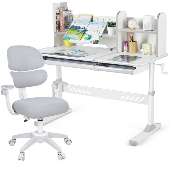 COSVALVE Ergonomic Height Adjustable Kids Study Desk and Chair Set Tilt Desktop Table Armrest Chair Boys Girls Students with Bookstand,Drawer(Gray)