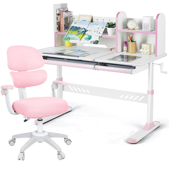 COSVALVE Ergonomic Height Adjustable Kids Study Desk and Chair Set Tilt Desktop Table Armrest Chair Boys Girls Students with Bookstand,Drawer(Pink)