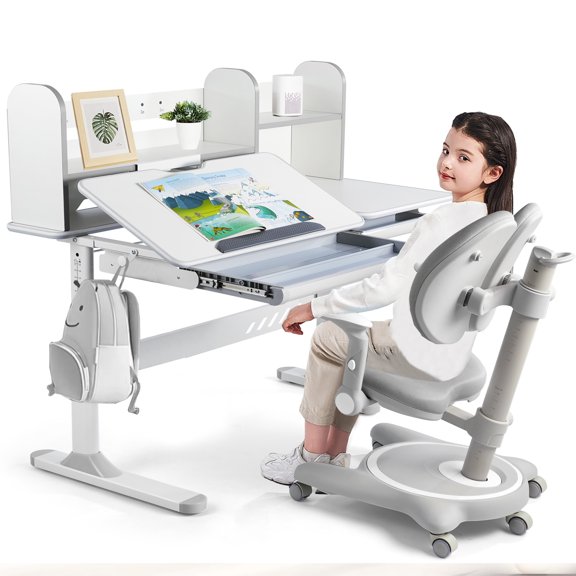 COSVALVE Height Adjust Kids Study Desk and Chair Set Tilt Desktop Table Ergonomic Armrest Chair with Bookstand,Drawer,for Home/School(Gray)