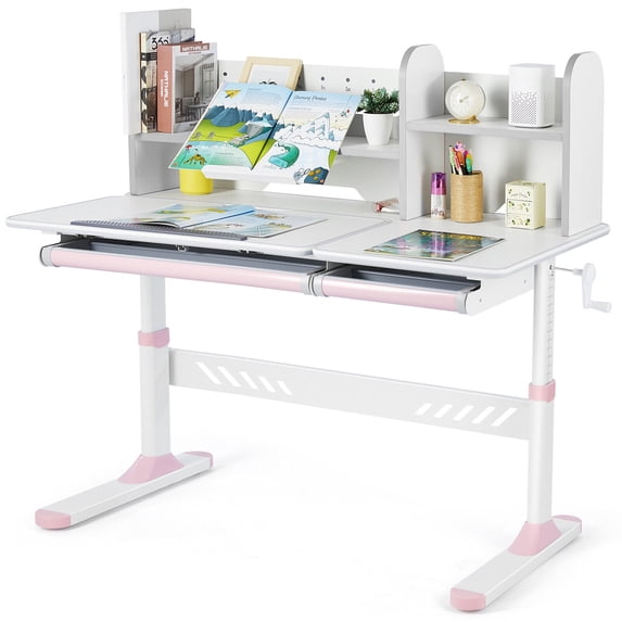 COSVALVE Height Adjust Kids Study Desk with Bookstand and Drawers, Multifunction 40" Wide Table Tilt Desktop for Home or School,Girls(Pink)
