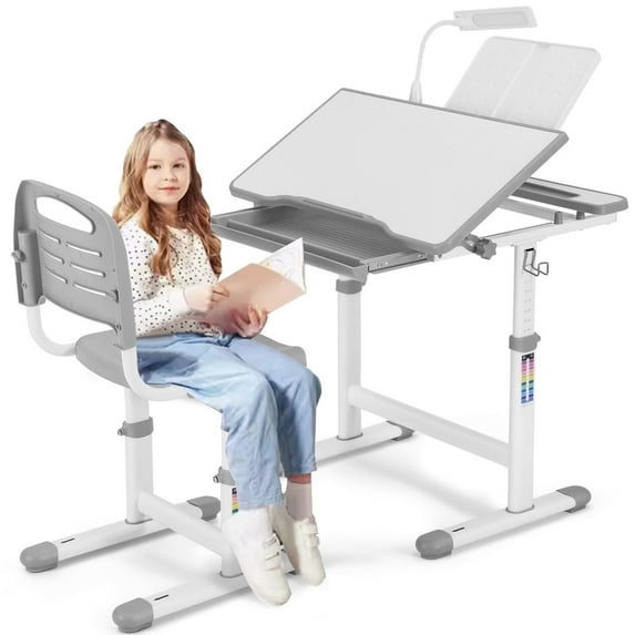COSVALVE Height Adjustable Kids Desk and Chair Set Boys Girls Study Table with Writing Boad,LED Lamp,Drawer,Bookstand(Gray)