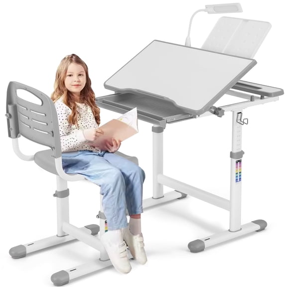 COSVALVE Height Adjustable Kids Desk and Chair Set Boys Girls Study Table with Writing Boad,LED Lamp,Drawer,Bookstand(Gray)