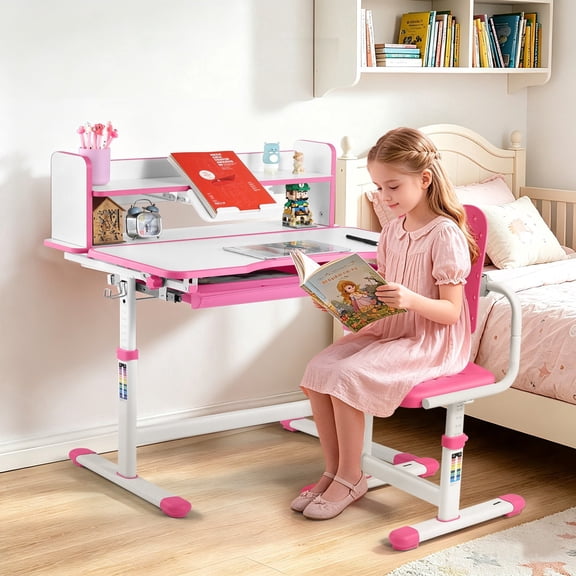 COSVALVE Height Adjustable Kids Desk and Chair Set Ergonomic with Tilting Desktop,2-Tier Bookshelf,Drawer for Reading Writing Drawing(Pink)