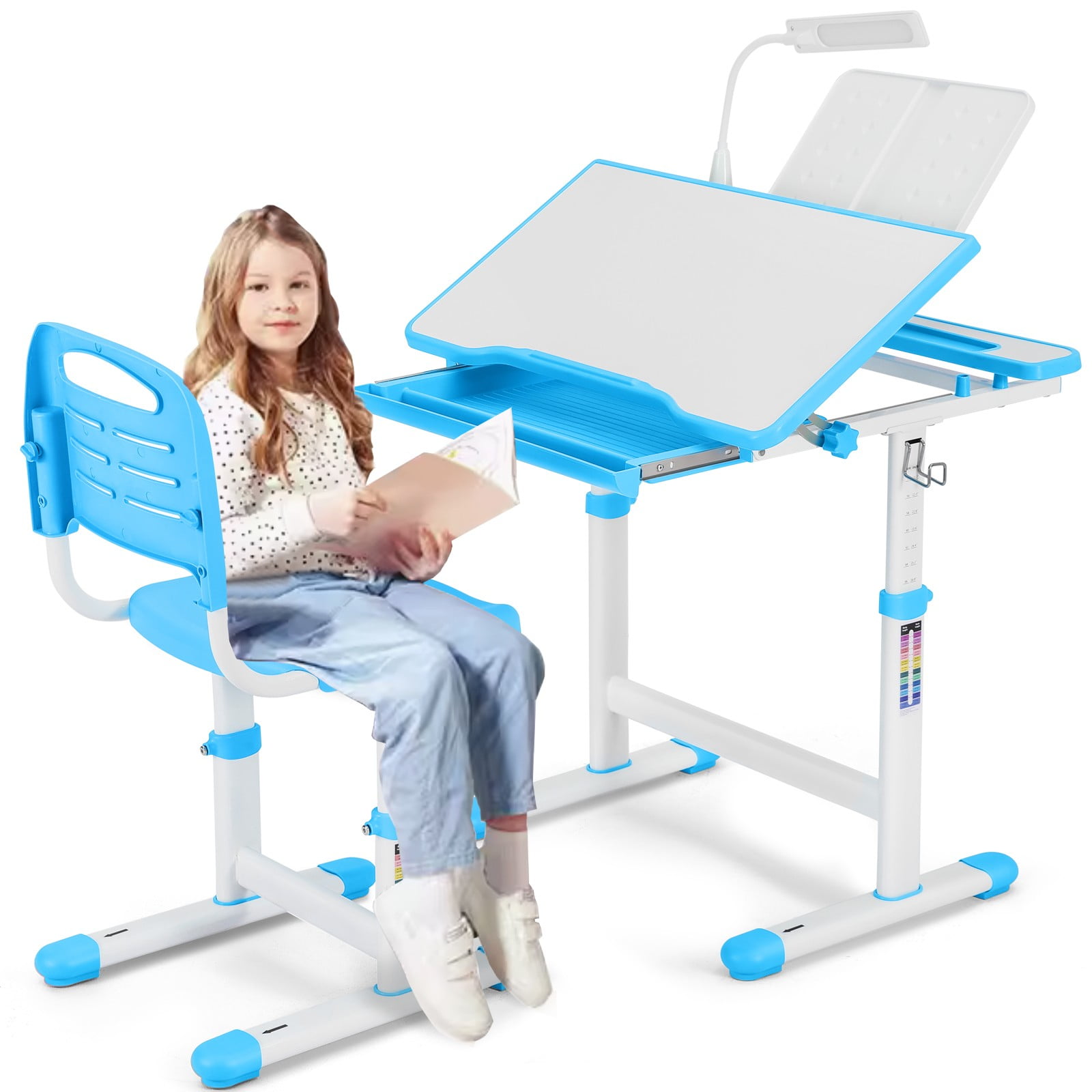 COSVALVE Height Adjustable Kids Study Desk & Chair Set Children School Boy Table Large Writing Board Desk with LED Lamp,Drawer,Bookstand(Blue)
