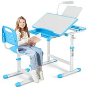 COSVALVE Height Adjustable Kids Study Desk & Chair Set Children School Boy Table Large Writing Board Desk with LED Lamp,Drawer,BookstandBlue