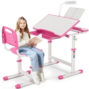 COSVALVE Height Adjustable Kids Study Desk & Chair Set Children School Girl Table Large Writing Board Desk with LED Lamp,Drawer,BookstandPink