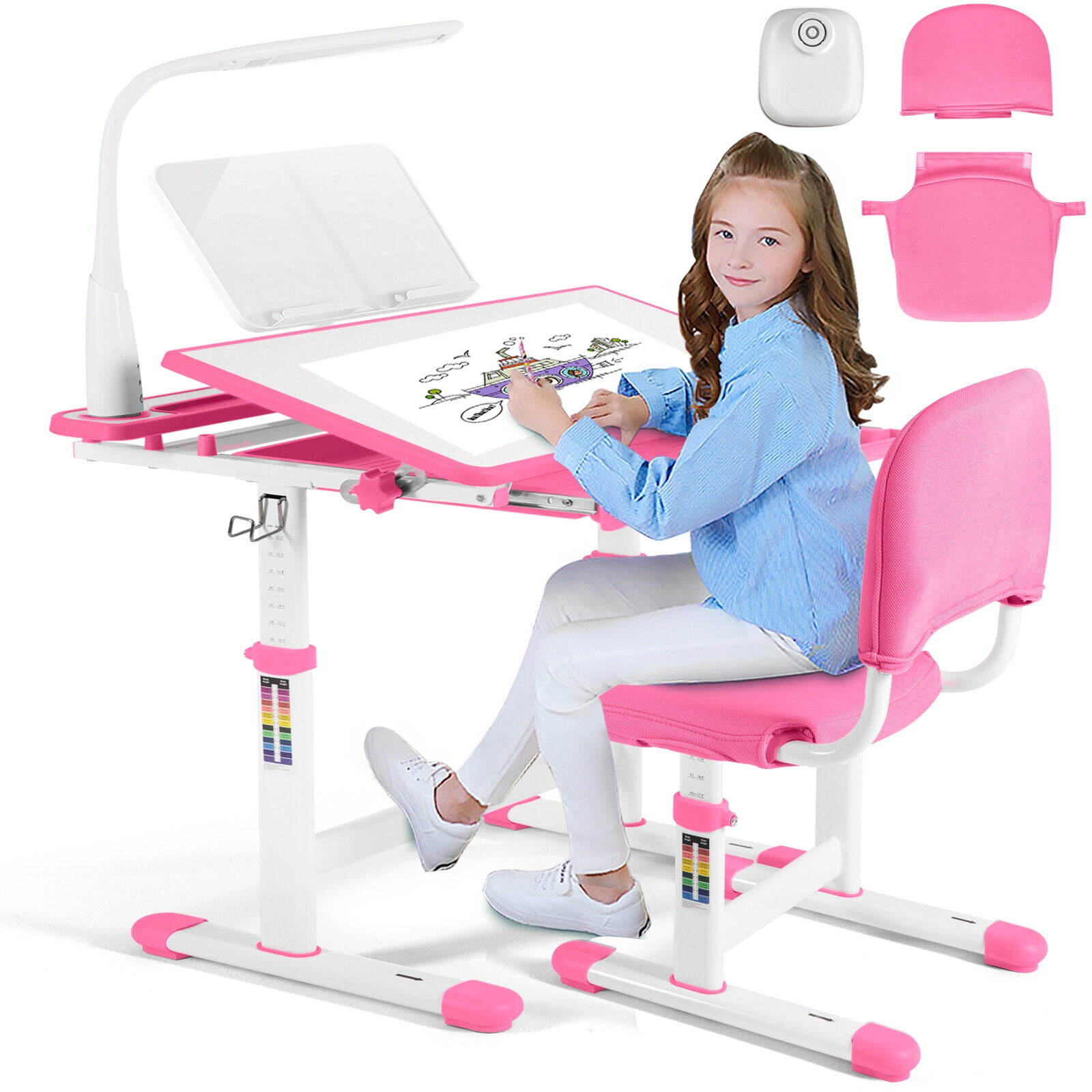 Artist Hand Adjustable Kids Study Desk Chair Set with LED Lamp Drawer Bookstand Pink Walmart