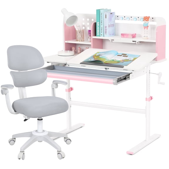 COSVALVE Height Adjustable Kids Study Desk and Chair Set Ergonomic Tilt Desktop Table Armrest Chair Boys Girls Students with Bookstand,Drawer(Pink,Gray)