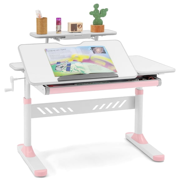 COSVALVE Height Adjustable Kids Study Desk Girl Boy Student Table Tilter Desktop with Drawer,Shelf(Pink)