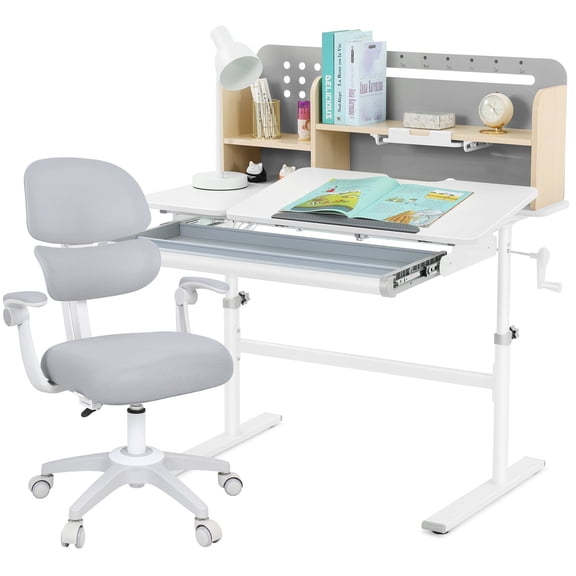 COSVALVE Height Adjustable Kids Study Desk and Chair Set Ergonomic Tilt Desktop Table Armrest Chair Boys Girls Students with Bookstand,Drawer(Gray)