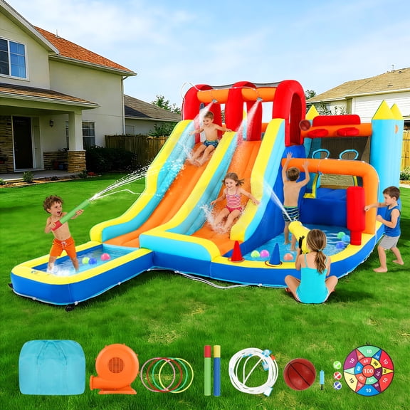 COSVALVE Inflatable Double Water Slides Bouncer House Backyard Water Park Splash Pool with Climbing Wall,Trampoline,Basketball Hoop,450W Blower