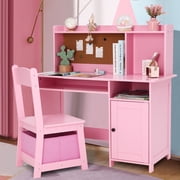 COSVALVE Kids Study Desk and Chair for Children with Storage Bins, Bookshelf Organizer, Cork Bulletion Board Pink