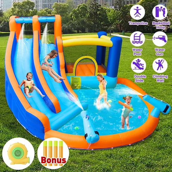 COSVALVE Kids Inflatable Double Water Slides Bounce House Splash Pool Backyard with Climbing Wall,Trampoline,Basketball Hoop,550W Air Blower,Water Cannons Indoor/Outdoor