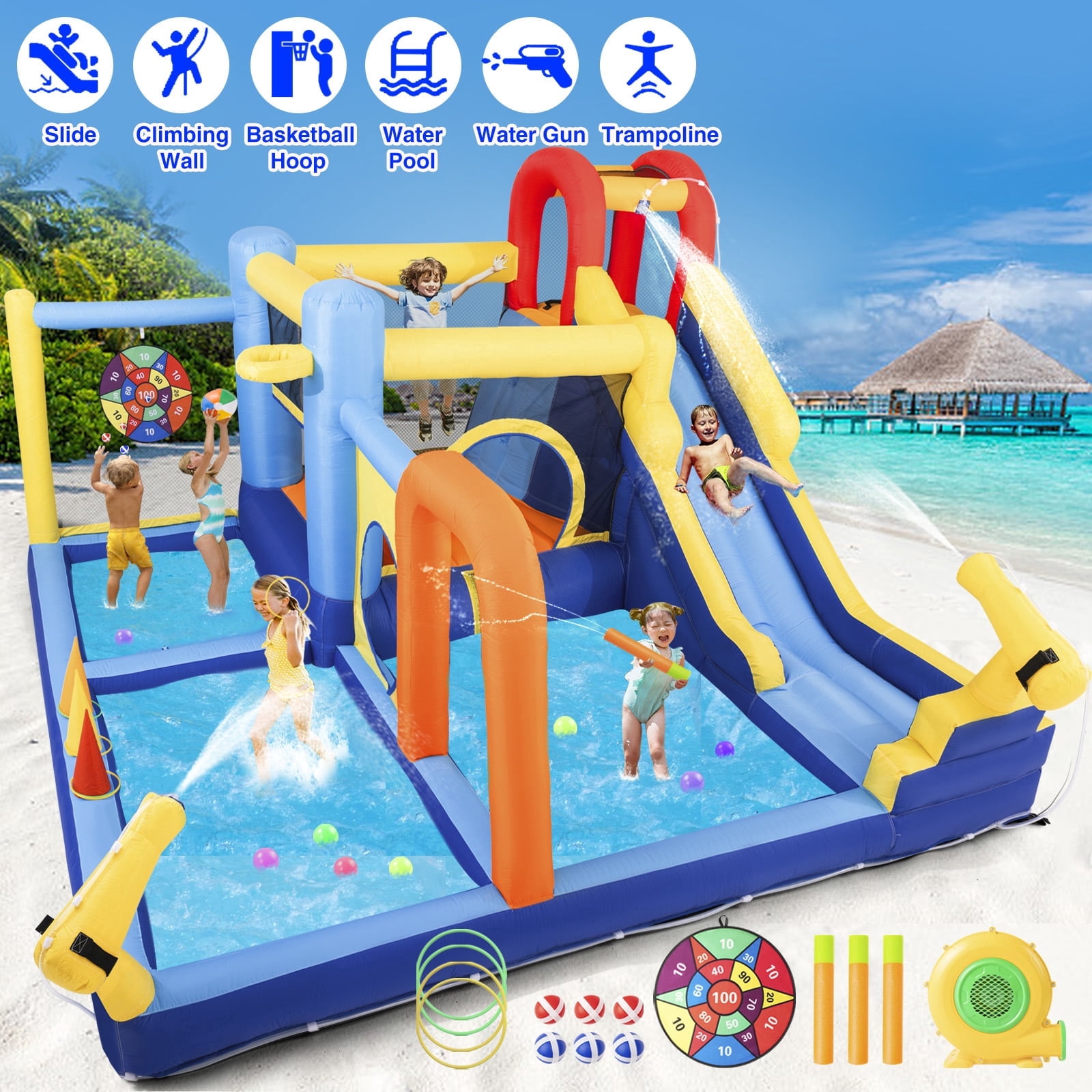 COSVALVE Kids Inflatable Water Slide Bounce House Jumping Climbing Playhouse with Splash Pool,Basketball Hoop,Water Cannons,550W Air Blower Indoor/Outdoor