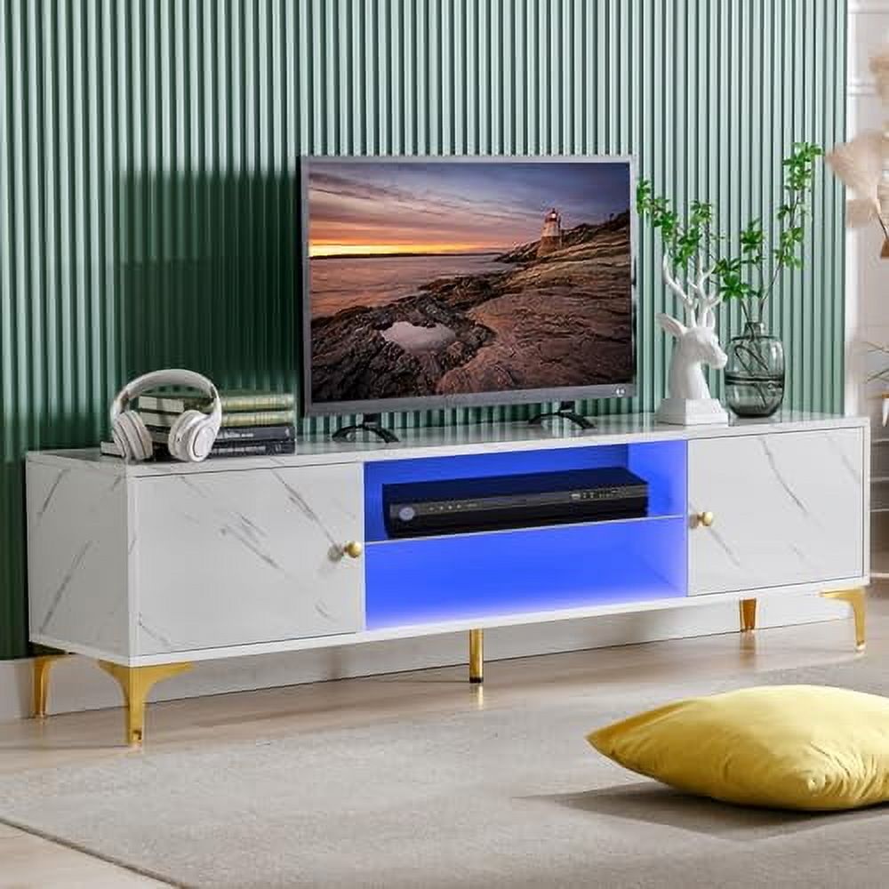 COSVALVE LED TV Stand for 60/65/70 inch TVs, Modern Entertainment Center with Storage Cabinet, TV Console Table with Open Shelf for Living Room, Bedroom, Game Room(Marble White)
