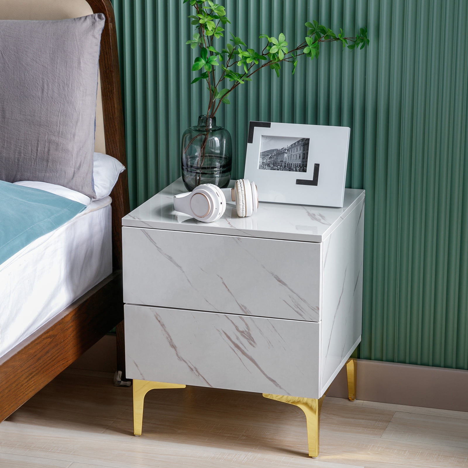 COSVALVE Marble Print White Nightstand Rectangle Side Table End Stand with Gold Legs 2 Drawers