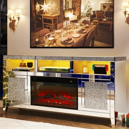 COSVALVE Mirrored Fireplace TV Stand for 65+ Inch TV, Silver Console Table Entertainment Center with LED Light