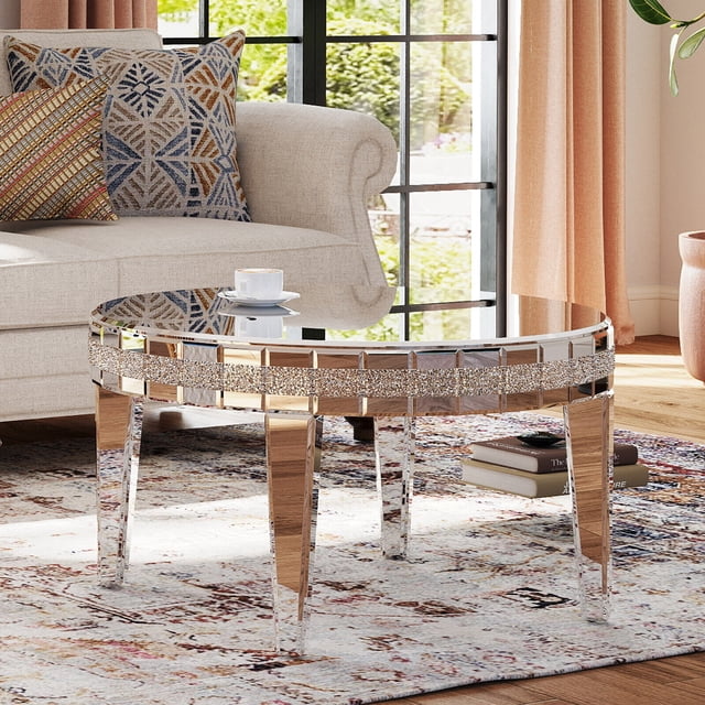 COSVALVE Mirrored Silver Round Coffee Table Luxury Cocktail Table with ...