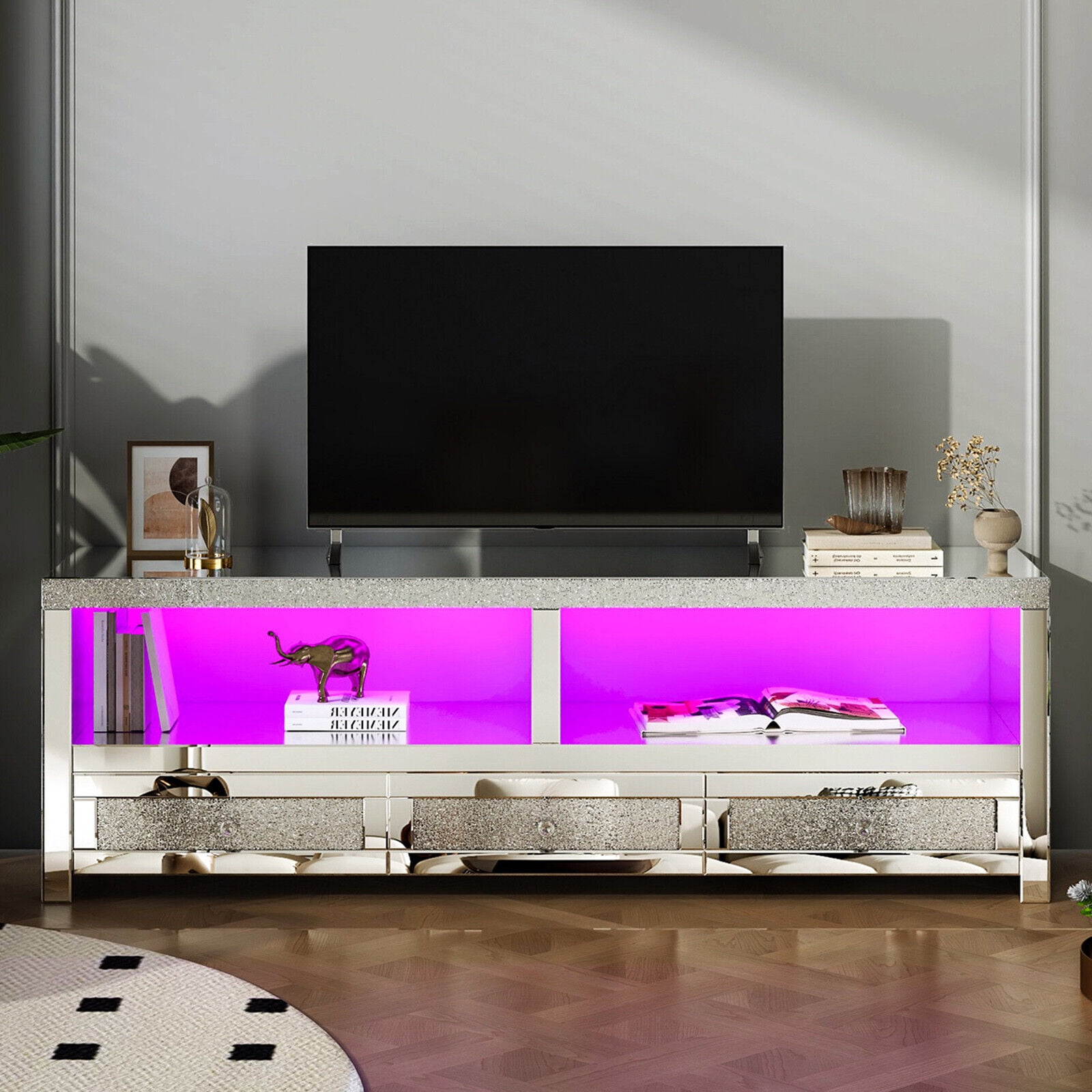 COSVALVE Modern 55.12 Silver Mirrored LED TV Stand Crushed Diamond Entertainment Center for 65 Inch TVs w 3 Drawers 2 Open Shelves