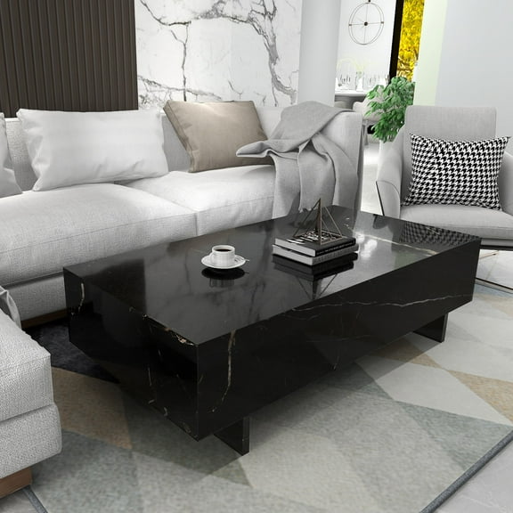 COSVALVE Modern Coffee Table High Gloss Marble Veneer Rectangular Living Room Furniture,Black
