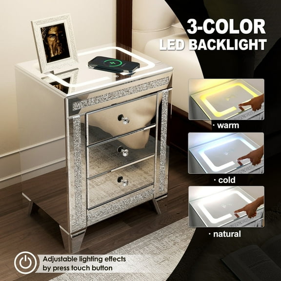 COSVALVE Modern LED Mirrored Nightstand Side End Table Crystal Inlay w/3 Drawers,Charging Station Wireless,USB,Bedroom Living Room(Silver)