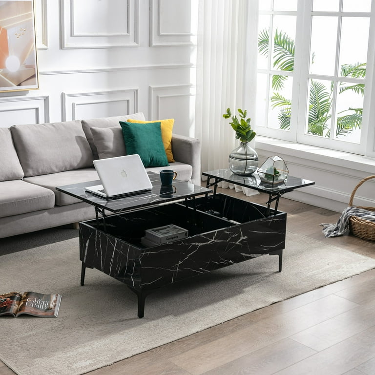 COSVALVE Modern Lift Top Extendable High Gloss Black Marble Print Rectangle Coffee Table with Storage