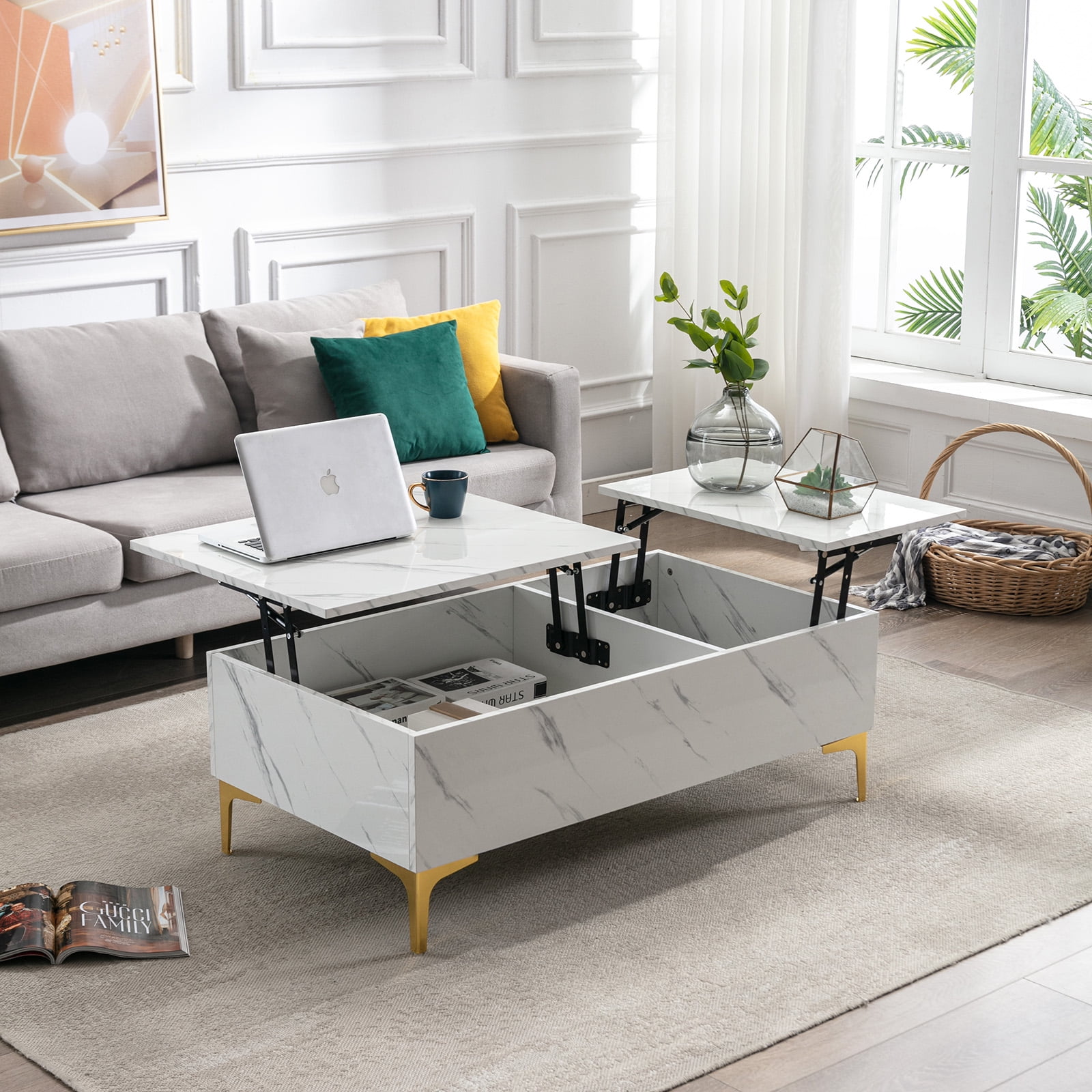 COSVALVE Modern Lift Top Extendable High Gloss White Marble Print Rectangle Coffee Table with Storage