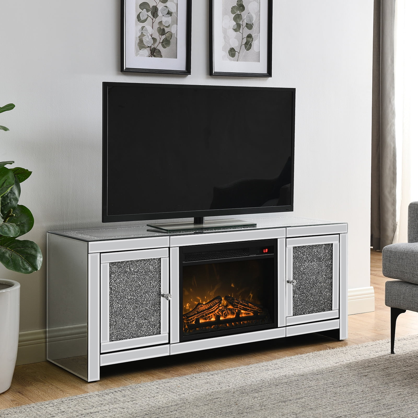 COSVALVE Modern Mirrored Fireplace 47.2" Silver TV Stand