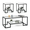 thumbnail image 1 of COSVALVE Modern Tempered Glass Top 3-Piece Table Set,include Coffee Table and 2 End Tables,Black Metal Frame with Shelf, 1 of 17