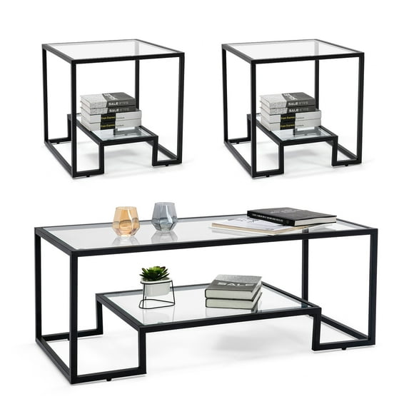 COSVALVE Modern Tempered Glass Top 3-Piece Table Set,include Coffee Table and 2 End Tables,Black Metal Frame with Shelf