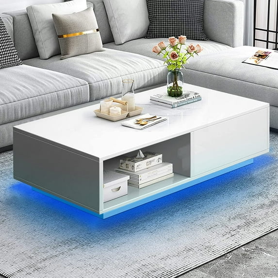 COSVALVE Modern White LED Coffee Tables for Living Room with Drawer & 16-Color LED Lights, Rectangle Living Room Sofa Table with Ample Storage Space(23.6" D x 43.3" W x 15.7" H)