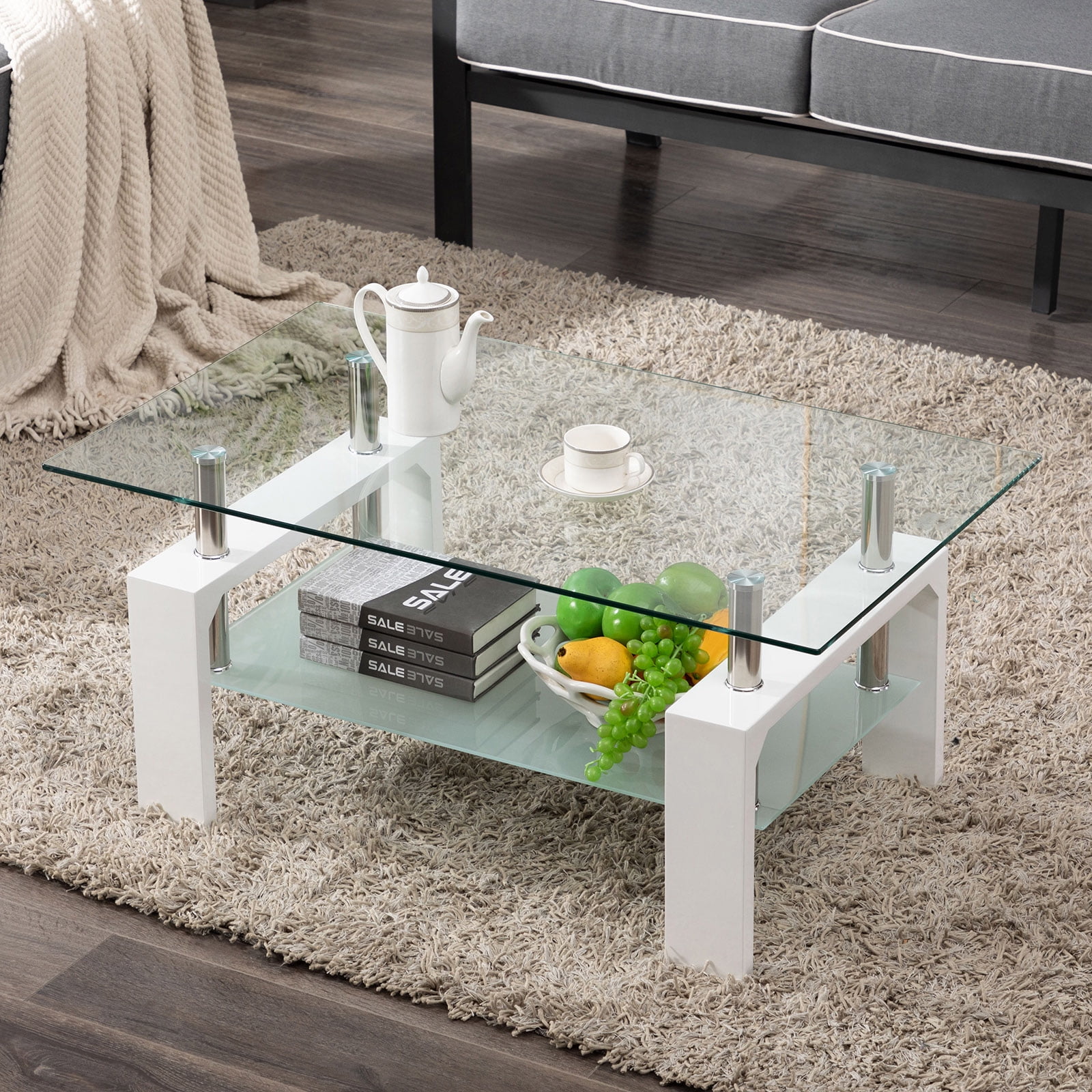 COSVALVE Morden Glass Coffee Table Wood Legs Rectangle End Table with