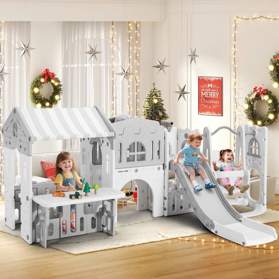 COSVALVE Multifunctional Kids Slide and Swing Set with Playhouse Toddler Climb Playground Indoor Outdoor Backyard with Basketball Hoop,Telescope(Gray & White)