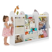 COSVALVE Multifunctional Wooden Kids Toy Storage Organizer with 4-Tier Bookshelf,Stuffed Animal Storage,Mirror,2 Bins,Toddler Playroom Bedroom Nursery FurnitureWhite