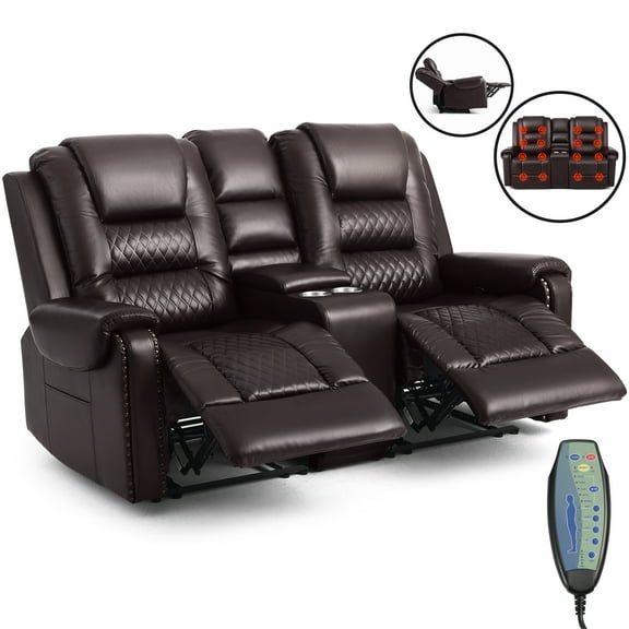 COSVALVE PU Leather Electric Massage Reclining Loveseat Chair Two-Seater Sofa Lumbar Heating with Cup Holders,Remote Control(Brown)
