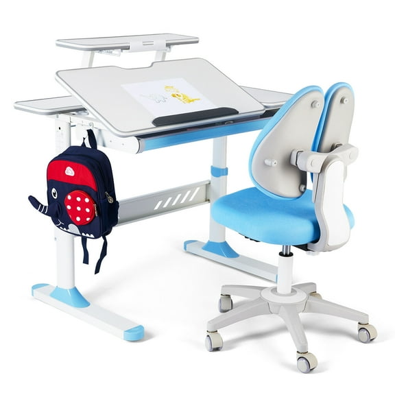 COSVALVE Premium Kids Study Desk and Chair Set Ergonomic Adjustable with Large Writing Board Pull Out Drawer Bookstand (Blue)