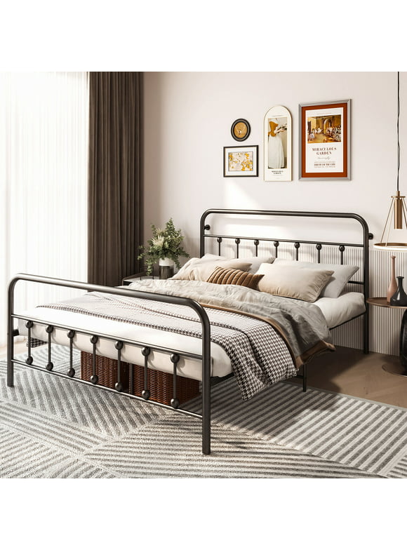 COSVALVE Queen Size Black Metal Bed Frame with Headboard and Footboard - Steel Slat Support, Anti-Shake Tools, Anti-Slip Pads, No Box Spring Needed