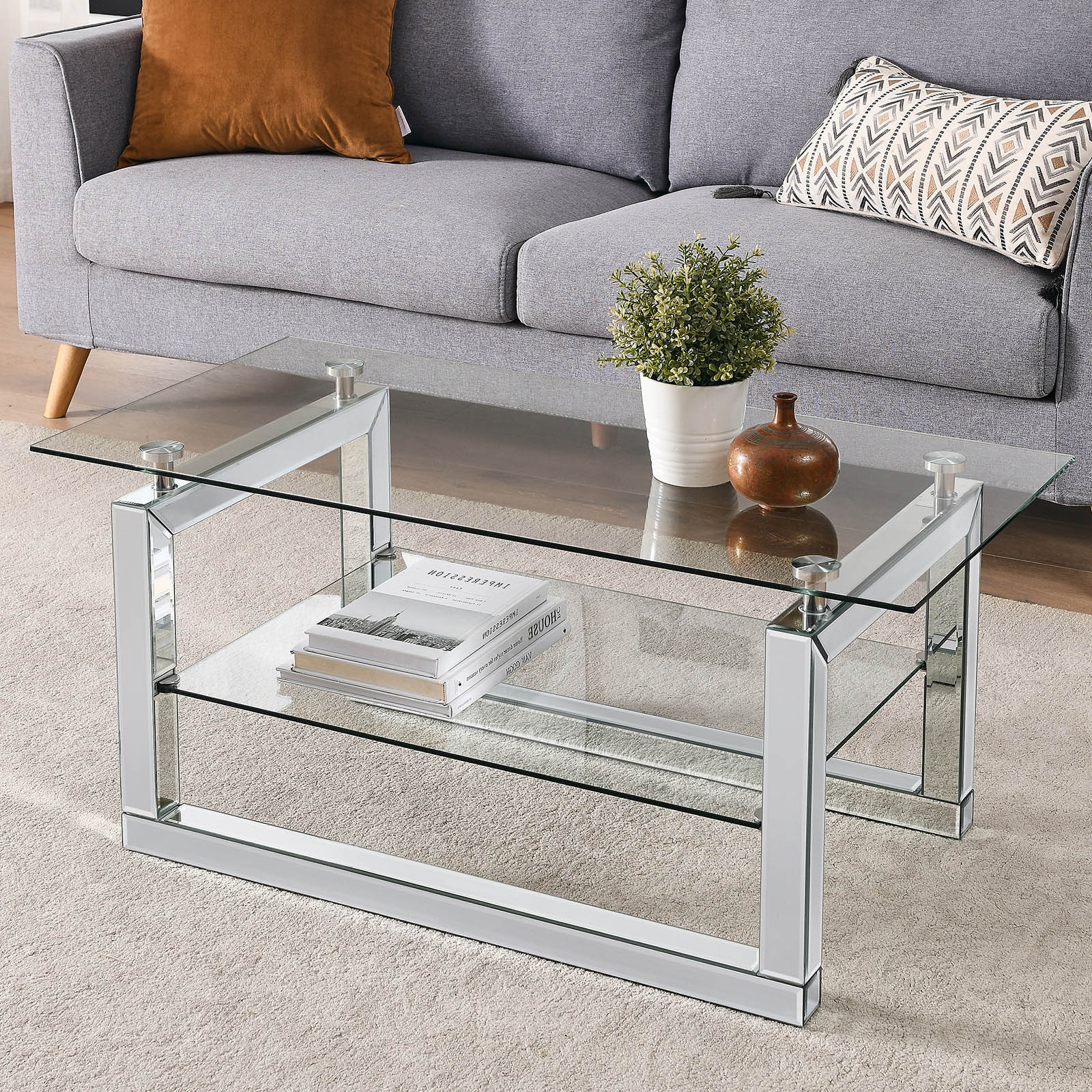 SMILE MART Wicker Rectangular Coffee Table with Tempered Glass Top for