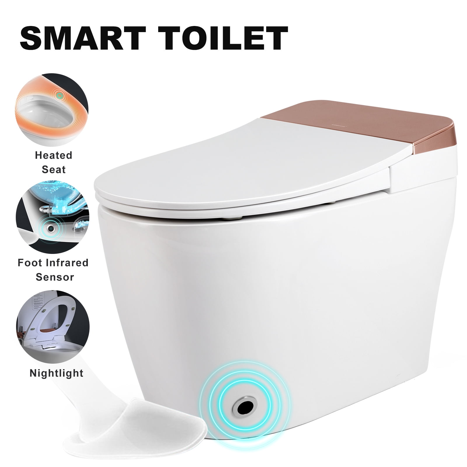 Heated Seat Smart White Polypropylene One-Piece Toilet with Foot Sensor