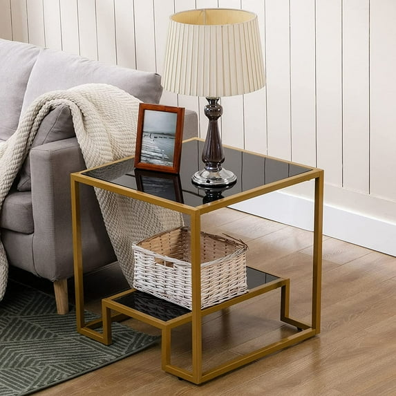 COSVALVE Square Gold End Side Table Nightstand with Black Glass Top, Shelf