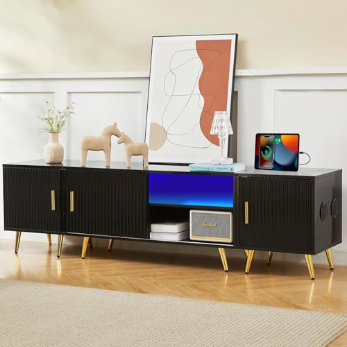 COSVALVE TV Stand for 65/75/80 Inch TV, 71" Free Combination Black TV Stands with Charging Station & Speaker, Media Console Entertainment Center with LED for Living Room Bedroom, Black & Gold