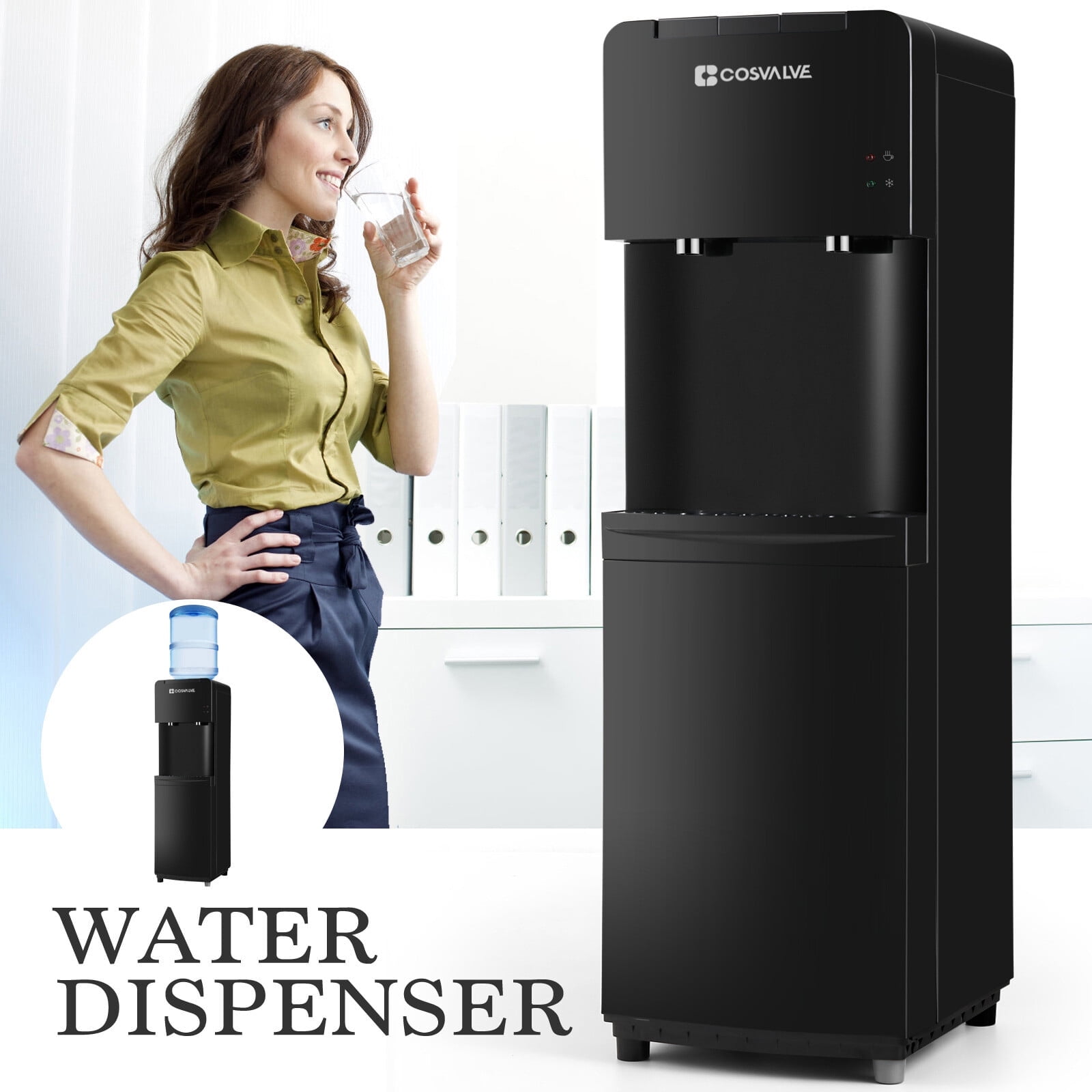 COSVALVE Top Loading 5 Gallon Hot/Cold Water Cooler Dispenser Compressor Refrigeration with Child Safety Lock(Black)