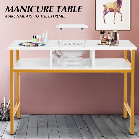 COSVALVE White Marble Veneer Manicure Table Nail Desk Gold Legs Salon Beauty Workstation with Electric Dust Collector,Wrist Rest
