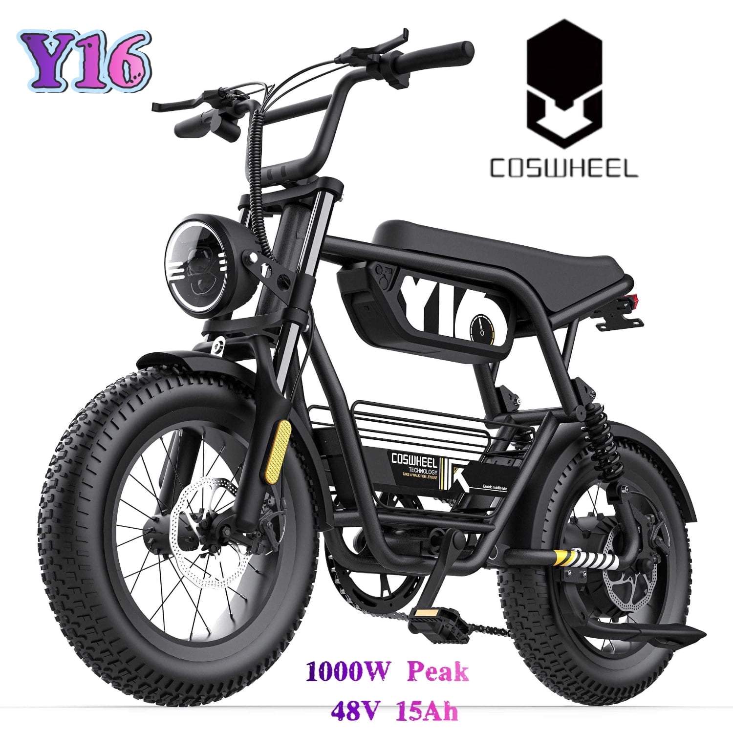 COSWHEEI Y16 Electric Bike for Teens & Adults,1000W Peak Motor,48V 15Ah Battery,16" Fat Tires,28 MPH,Up to 52 Miles,Full Suspension